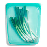 Stasher half gallon aqua bag opened for meal prep and organization