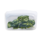 Stasher snack bag front view in clear silicone showing easy snack storage