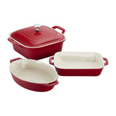 Staub ceramic 4-piece baking pans set in cherry red ready for oven-to-table use.