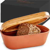 Steinzeit bread box terra cotta body with breathable design keeps bread fresh.