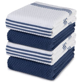 Sticky Toffee cotton kitchen towels set of four in dark blue and white, absorbent and durable.