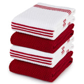 Sticky Toffee red and white striped cotton kitchen towels for quick drying and cleanup.