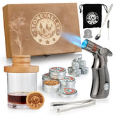 STONEVALLEY cocktail smoker kit with torch shown in a wooden case for smoky cocktails.