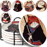 Straight Coastin Ninja Cat Coasters set of six with holder protecting surfaces in style.