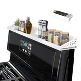 STUTOV stove top shelf spice organizer in white keeps spices within reach while cooking.