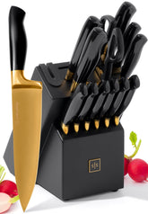 Styled Settings black-gold knife set on countertop for chic meal prep
