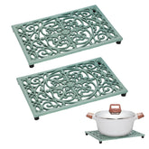 Sumnacon green rectangular cast iron trivet protects counters from hot dishes.