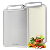 Sumzzz stainless steel cutting board top view, durable surface for fruits and ready-to-eat foods.