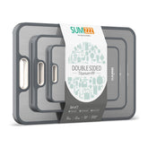 Sumzzz titanium cutting board top view with dual surfaces for raw and cooked foods.