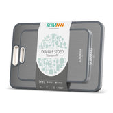 Sumzzz titanium cutting board two-sided surface for raw and cooked foods.
