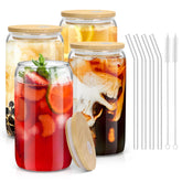 Sungwoo 4-piece glass cups with bamboo lids and straws for stylish 16oz beverages.