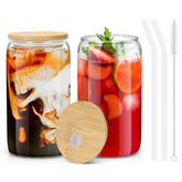 Sungwoo glass cups with bamboo lids, 16oz, two-pack, ideal for iced beverages.
