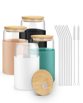 Sungwoo glass cups with lids and straws—a crystal-clear 16oz pack for everyday beverages.
