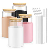 Sungwoo glass cups with lids and straws showing 16oz capacity for iced drinks