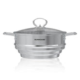 Sunhouse stockpot with steamer insert showing 5-quart capacity for versatile meals.