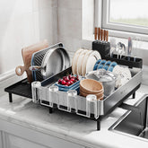 SUNLY expandable dish drying rack extension showing extra space for large pans and dishes