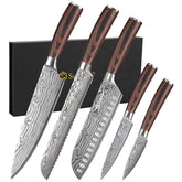 Sunnecko 5-piece set: 8-inch chef knife with ergonomic Pakka-wood handle for precise slicing.