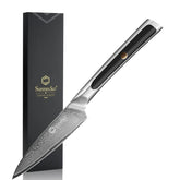 Sunnecko paring knife close-up shows the 67-layer Damascus pattern for precision.