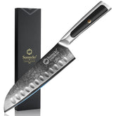 Sunnecko Santoku Knife 7-Inch with Damascus blade for clean, precise slicing.