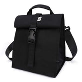 Sunny Bird insulated rolltop lunch bag in black keeps meals fresh on the go.