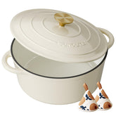 SUNOUTLY enameled Dutch oven with lid on demonstrates 6qt capacity for even heat.