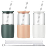 Sunseeke glass tumbler with lid and straw, 16oz, ideal for iced coffee.