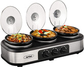 SUNVIVI triple-crock buffet setup showing three 1.5-quart pots for serving variety.