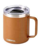 SUNWILL insulated coffee mug with lid in caramel finish for hot beverages on the go.