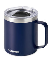 SUNWILL insulated coffee mug with lid in navy blue keeps beverages hot on the go.