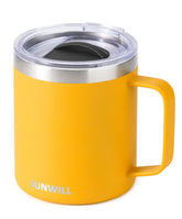 Sunwill insulated coffee mug with yellow lid and handle keeps beverages hot on the go.