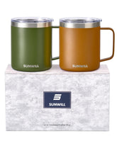 Sunwill travel coffee mug olive front view 14 oz showing sturdy double-wall design and color