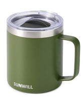 SUNWILL travel mug with lid in olive finish for on-the-go warmth and spill resistance.