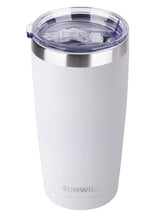 SUNWILL Travel Coffee Tumbler 20 oz with lid on, keeps beverages hot or cold on the go