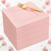 Supernal square pink plates 6in angled view for easy event cleanup