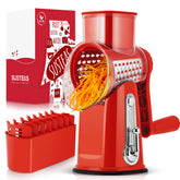 SUSTEAS rotary cheese grater with red handle, front view, efficient cheese shredding.
