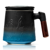 Suyika ceramic tea cup with infuser and lid, gradient embossing, ideal for elegant loose-leaf brews