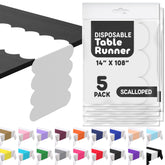 Swanoo white disposable table runner with scallop edge for elegant party tables.
