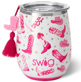 Swig Life 14oz stemless wine cup with lid keeps wine cool on the go.