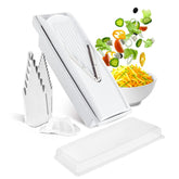 Swissmar V-Prep mandoline slicer in action delivering even vegetable slices