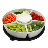 SwivelServe heavy-duty divided tray with lid in use, ideal for gatherings and snacks.