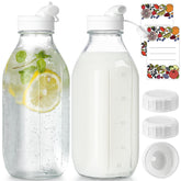 Syntic 2-pack glass milk bottle 32oz with clear body for easy content monitoring.