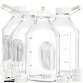 Syntic glass bottle with handle for easy pouring and storage.