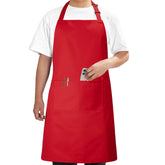 Syntus chef apron red full coverage protects clothing during cooking.