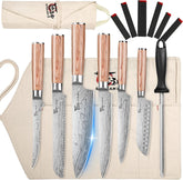 SYOKAMI 14-piece knife set with roll bag for portable kitchen prep.
