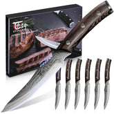 SYOKAMI six-piece steak knives with Damascus pattern for elegant dining experiences.