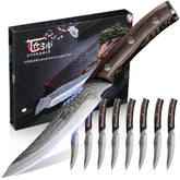 SYOKAMI steak knives set of 8 with damascus pattern and full tang for durability.