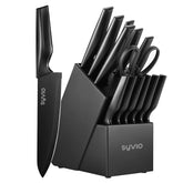 Syvio Block Knife Set displayed in a sleek kitchen block for easy access.