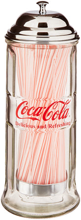 TableCraft Coca-Cola glass straw dispenser jar keeps wrapped and unwrapped straws neatly accessible.