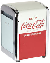 Tablecraft Coca-Cola Napkin Dispenser in half-red, adds retro charm to kitchen or bar.
