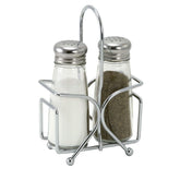 TableCraft salt and pepper shakers with rack on kitchen table for organized seasoning.